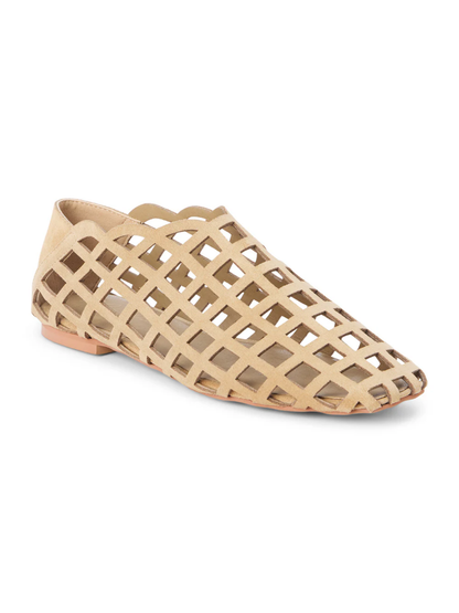 Beige suede caged flat shoe with cutout lattice pattern and low heel