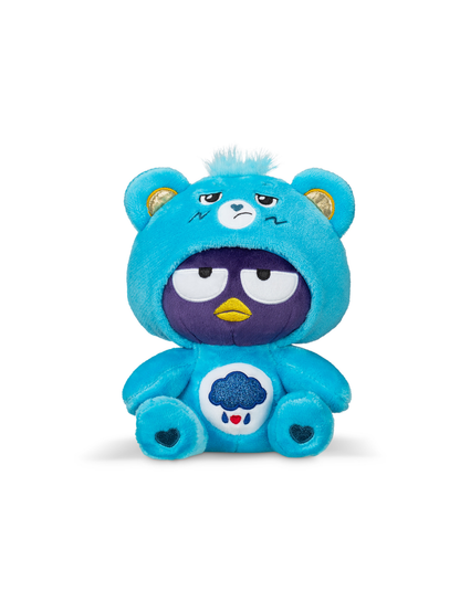 Blue grumpy bear plush toy with purple penguin face and cloud belly patch