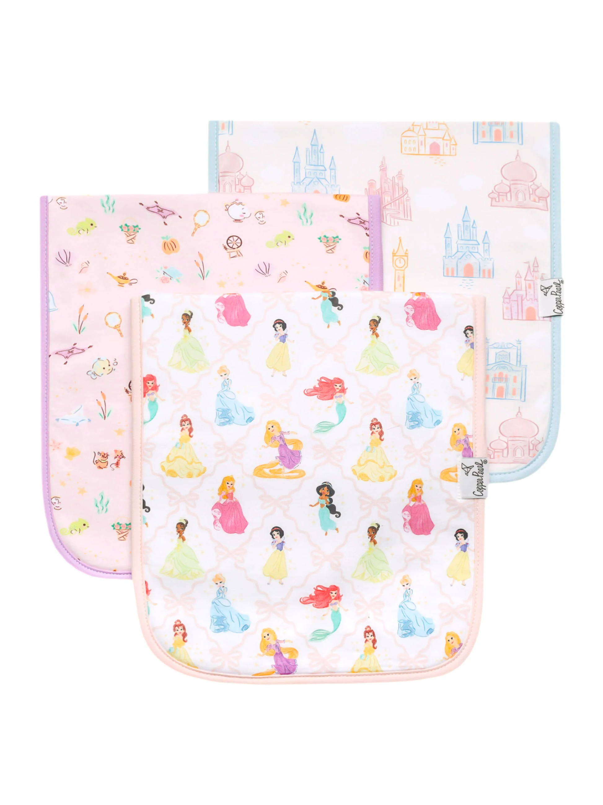 Copper Pearl 3-pack Disney Princess burp cloths in pink, white, and castle prints