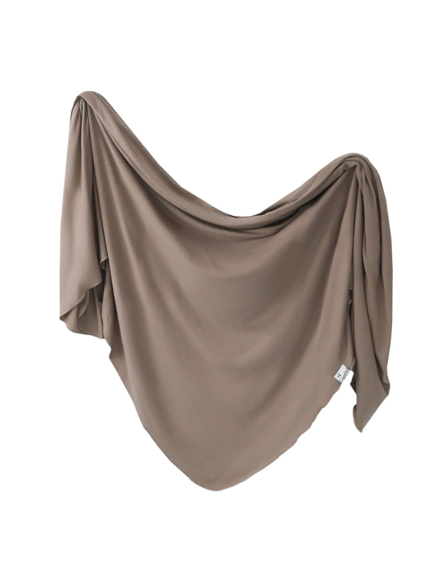 Copper Pearl swaddle blanket in warm taupe draped softly against white background