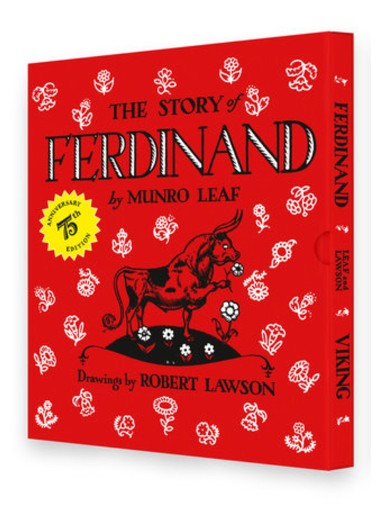 Red hardcover children's book with bull illustration and white floral patterns, 75th anniversary edition