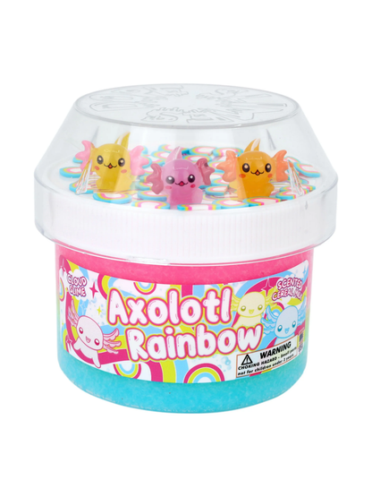 Pink and blue cloud slime jar with cute axolotl figurines and rainbow cereal charms on top