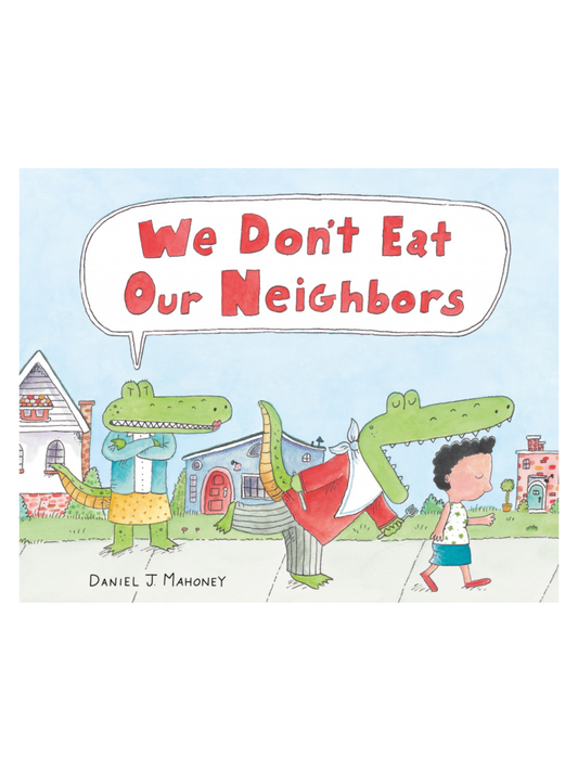 Children's picture book cover featuring cartoon crocodiles and a child on a suburban street
