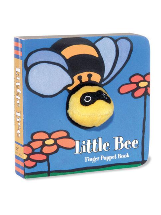 Little Bee Finger Puppet Board Book with plush yellow bee on blue cover