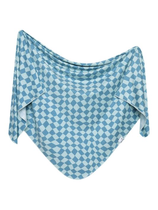 Copper Pearl swaddle blanket in blue and light blue wavy checkered pattern