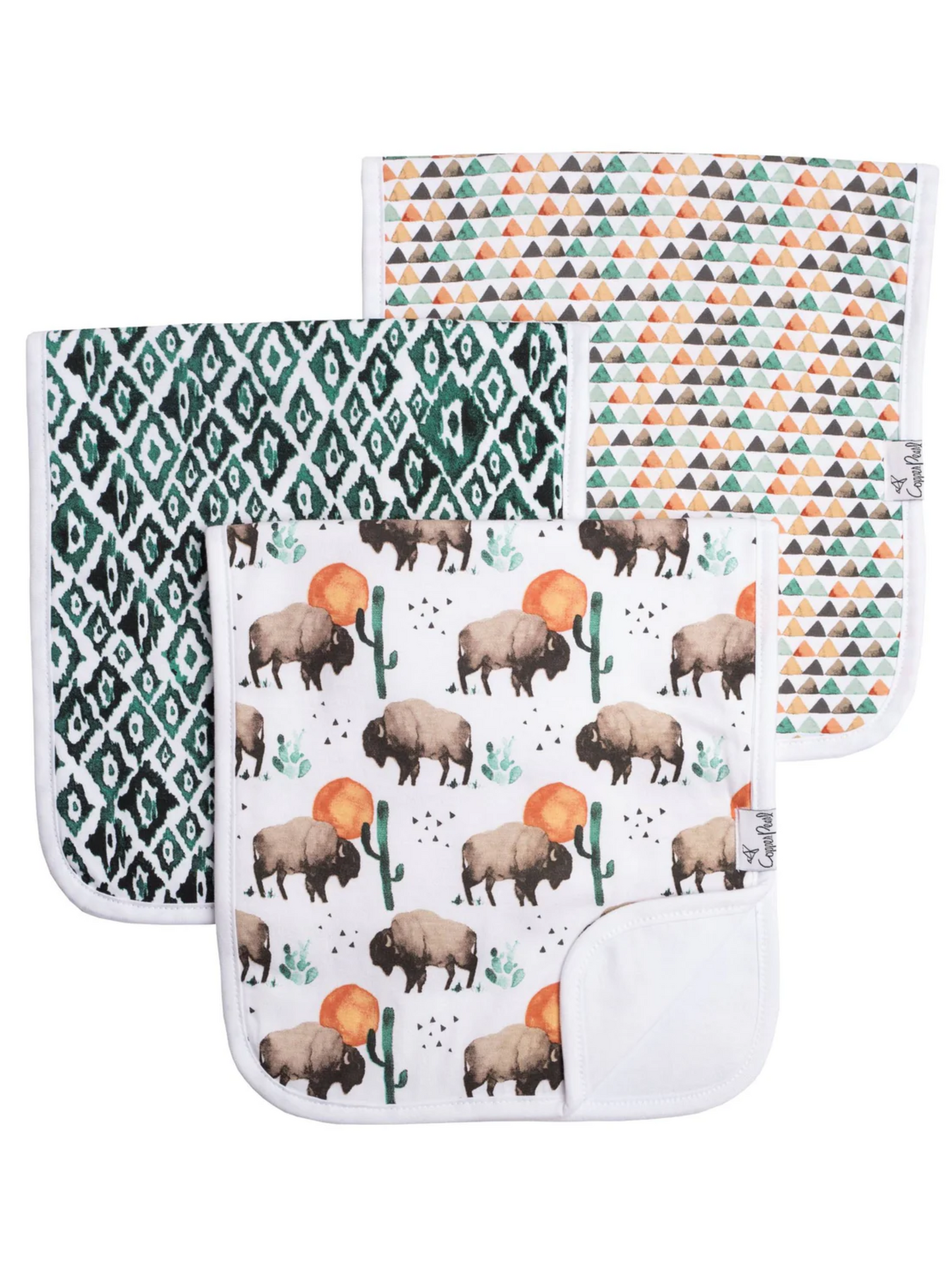 Copper Pearl 3-pack burp cloths: bison print, green ikat, and triangle patterns