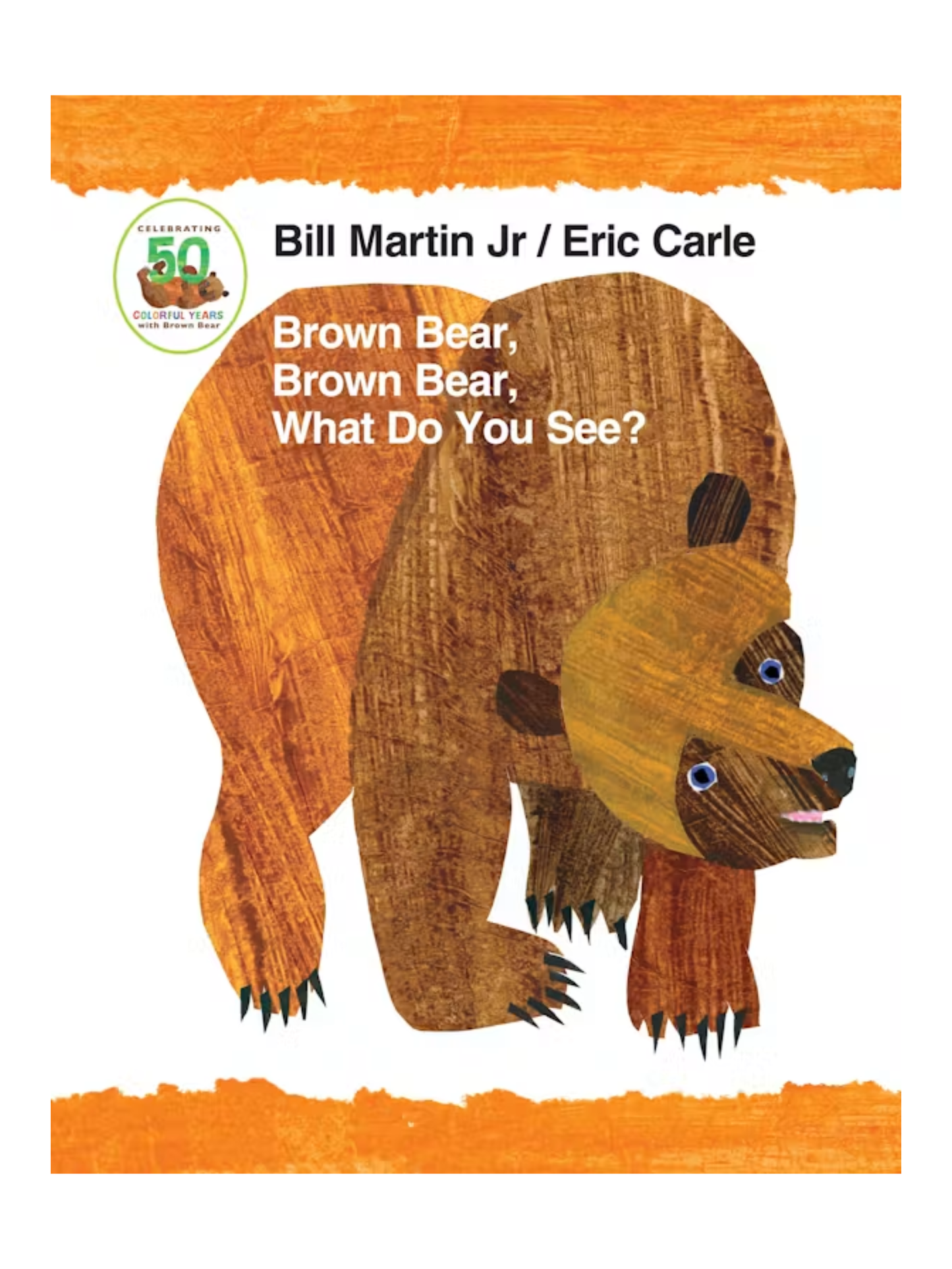 Children's board book cover featuring a collage-style brown bear illustration on white background