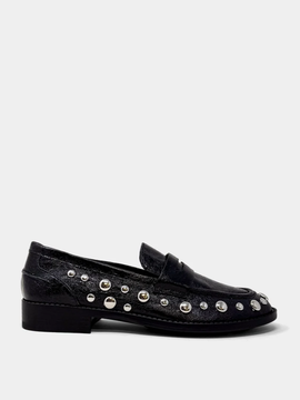 Black studded loafer with silver dome studs and low block heel