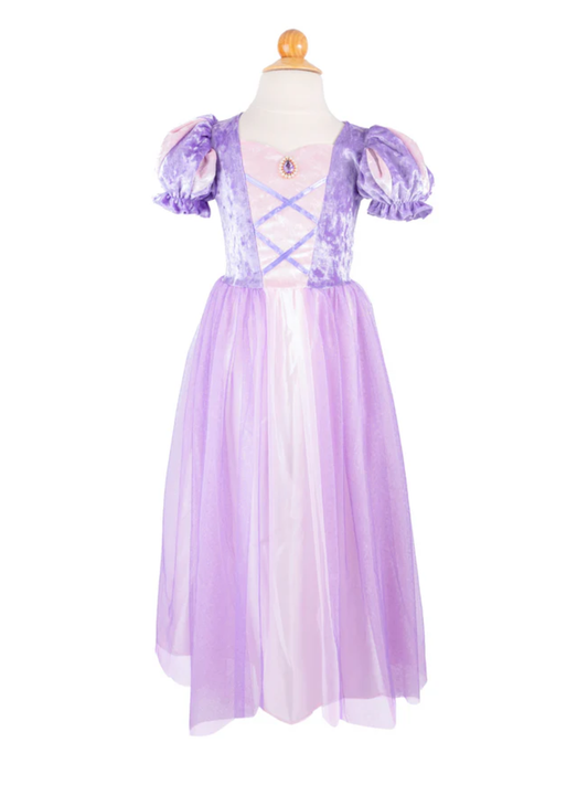Purple velvet and tulle princess dress with puff sleeves and jewel accent