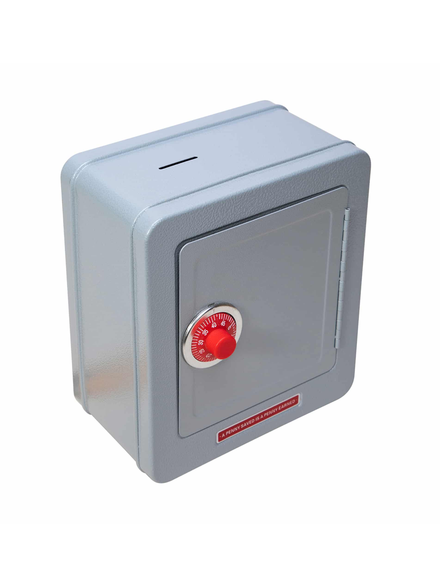Gray metal toy safe bank with red combination dial lock and coin slot on top