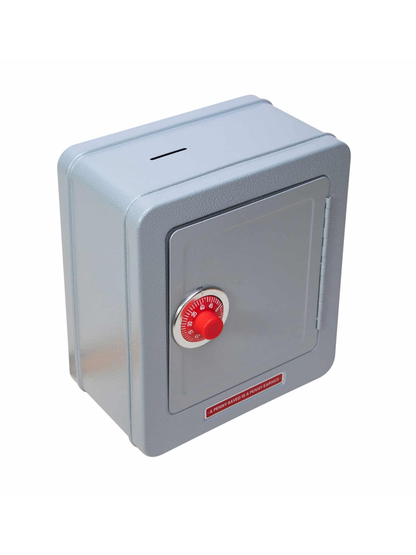 Gray metal toy safe bank with red combination dial lock and coin slot on top