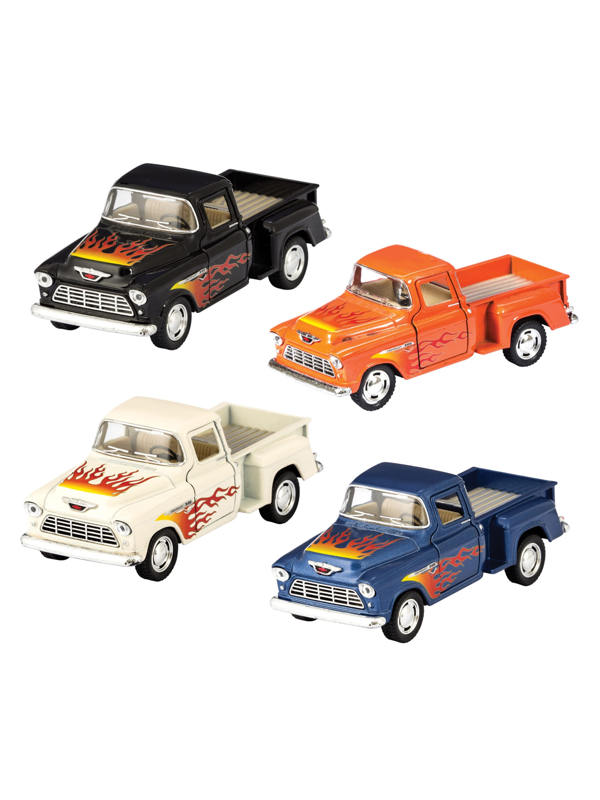 Four diecast pickup truck toys in black, orange, white, and blue with flame graphics