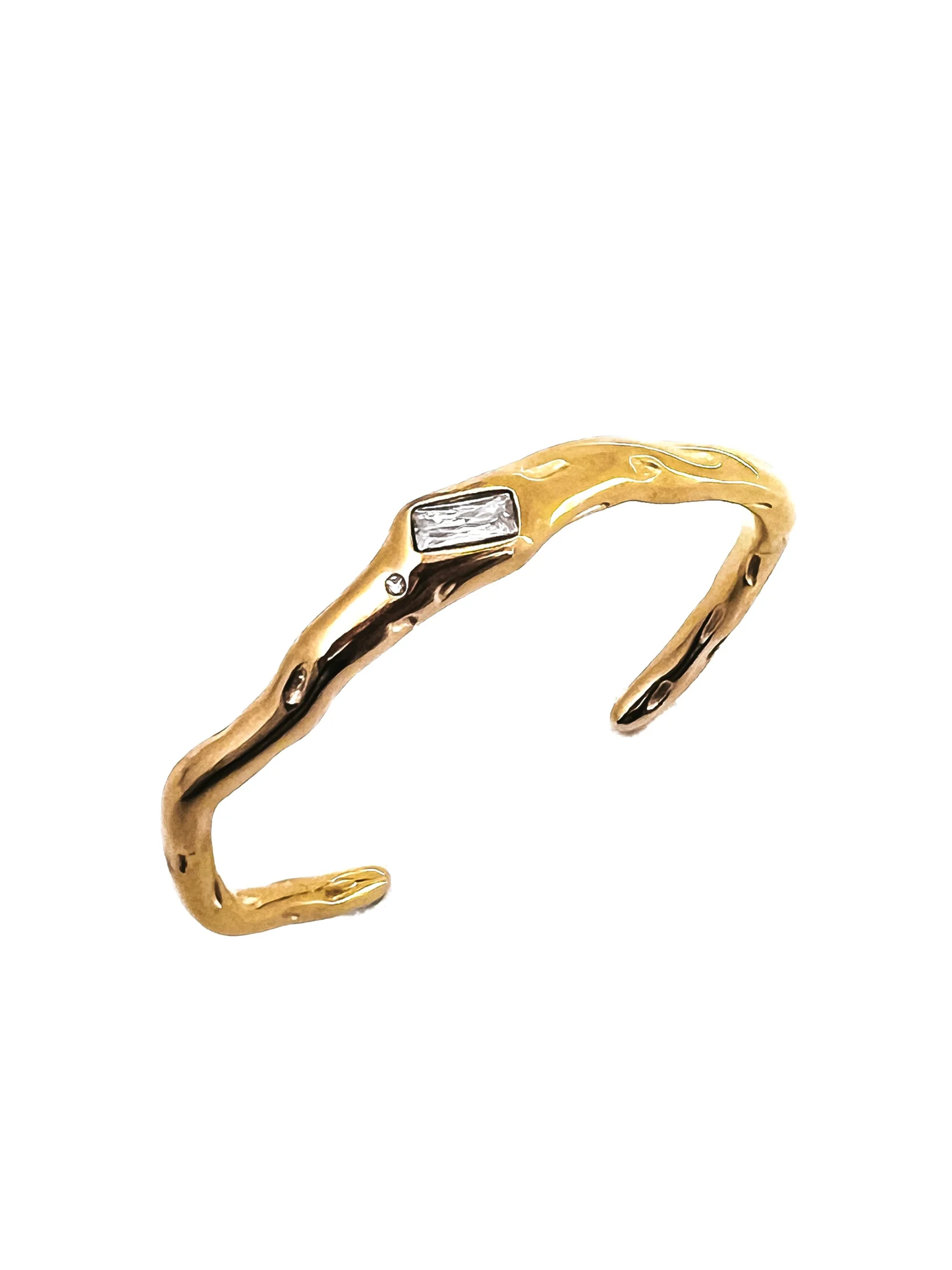 béljoy burke crystal cuff bracelet in gold with textured finish and clear crystal stone. waterproof, tarnish resistant, hypoallergenic statement cuff.