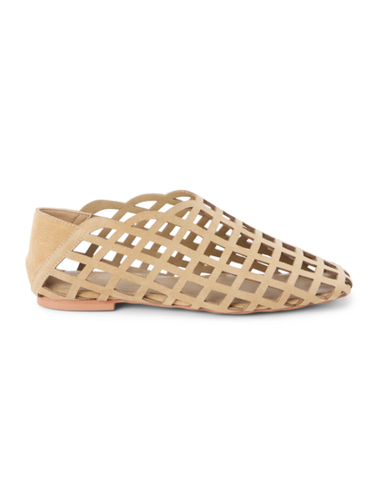 Beige suede flat with laser-cut lattice cutout upper and low heel
