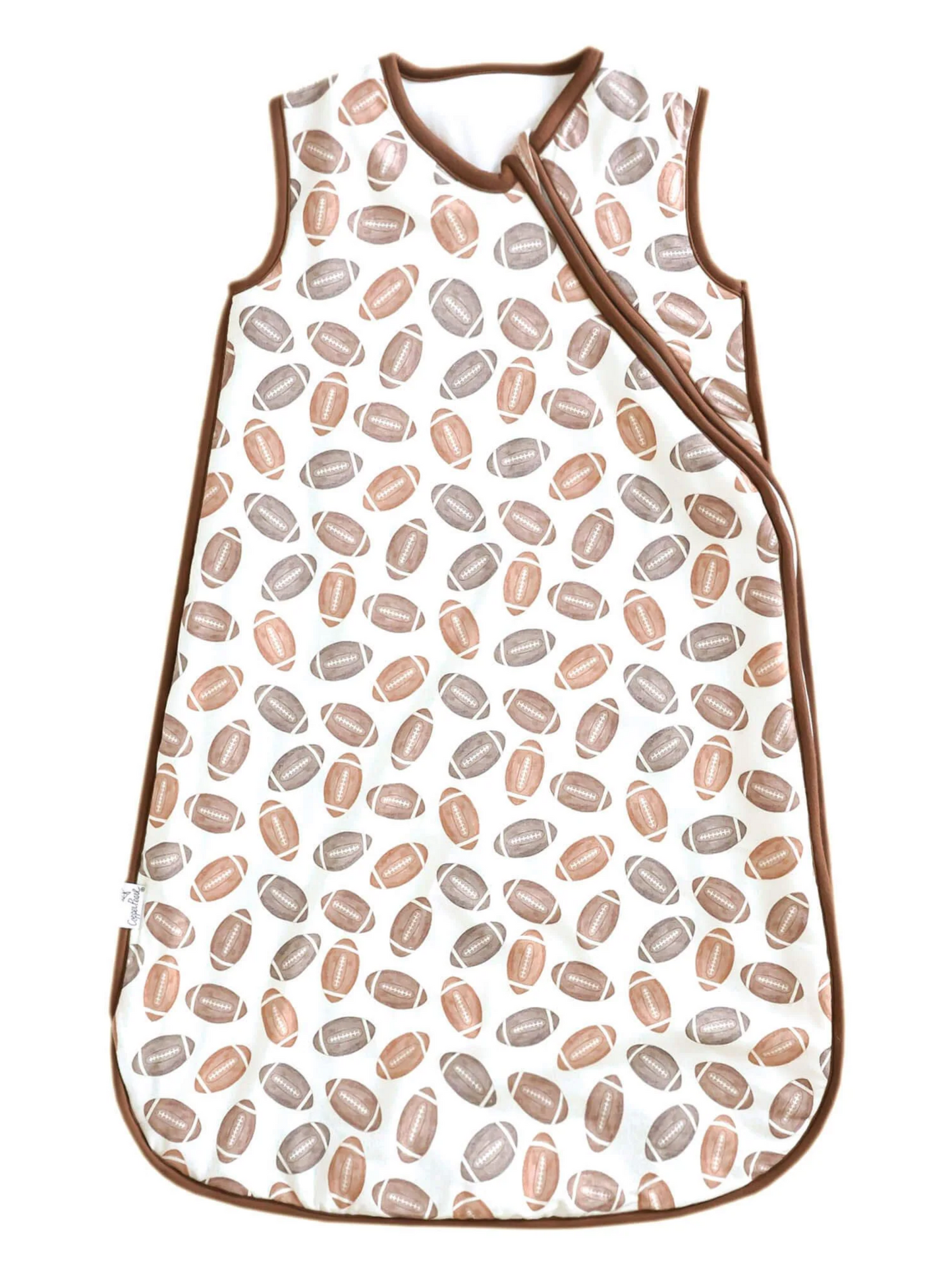 White baby sleep sack with brown and tan football print and brown trim