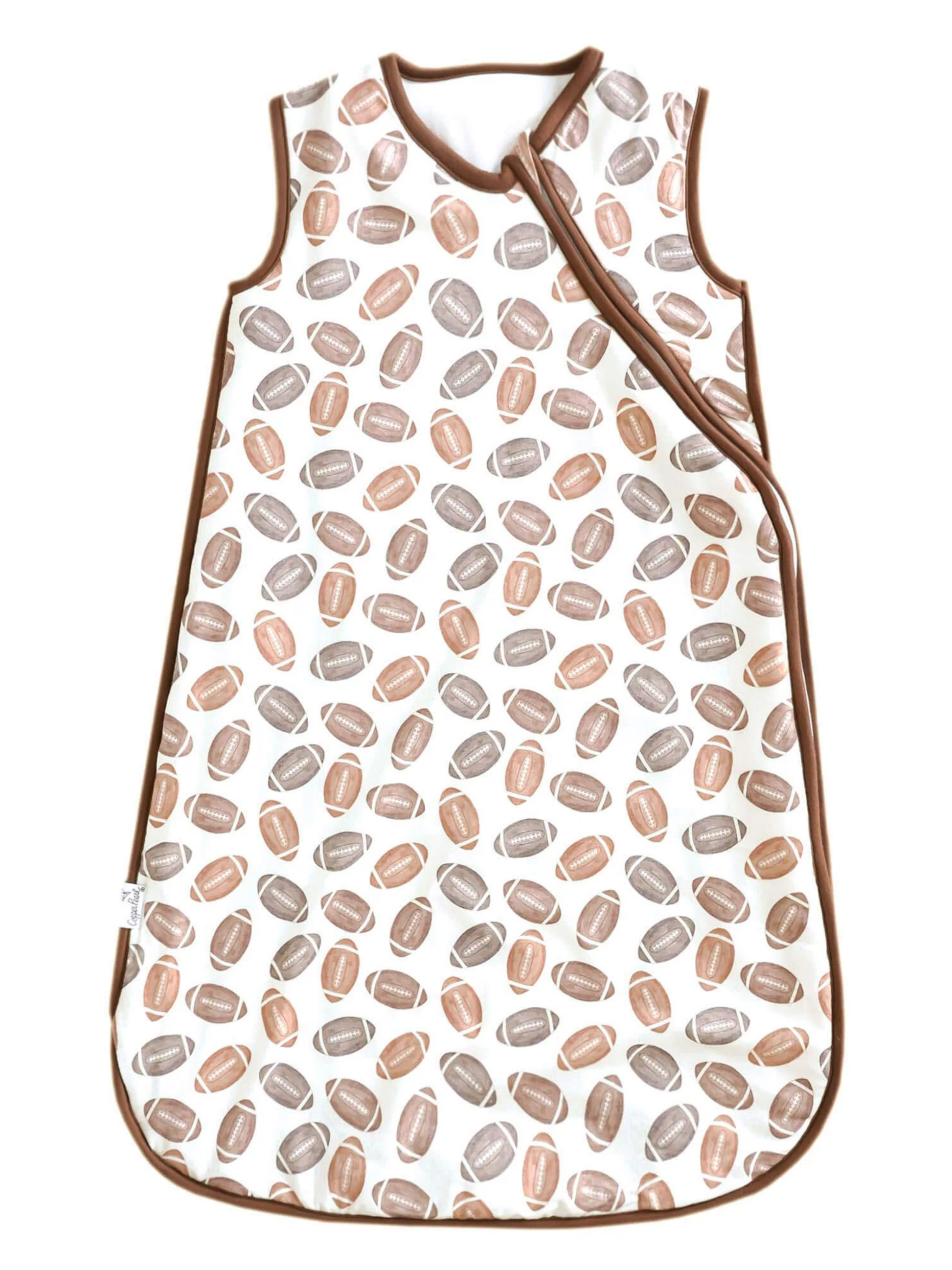 White baby sleep sack with brown and tan football print and brown trim