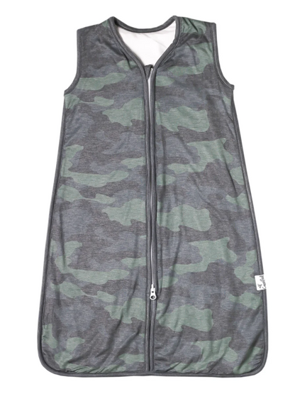 Baby sleep sack in gray and green camouflage pattern with front zipper closure