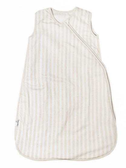 Beige and white striped baby sleep sack with diagonal zipper closure