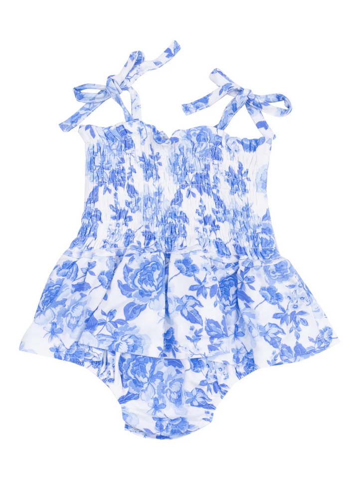 SMOCKED BUBBLE WITH SKIRT X ROSES IN BLUE