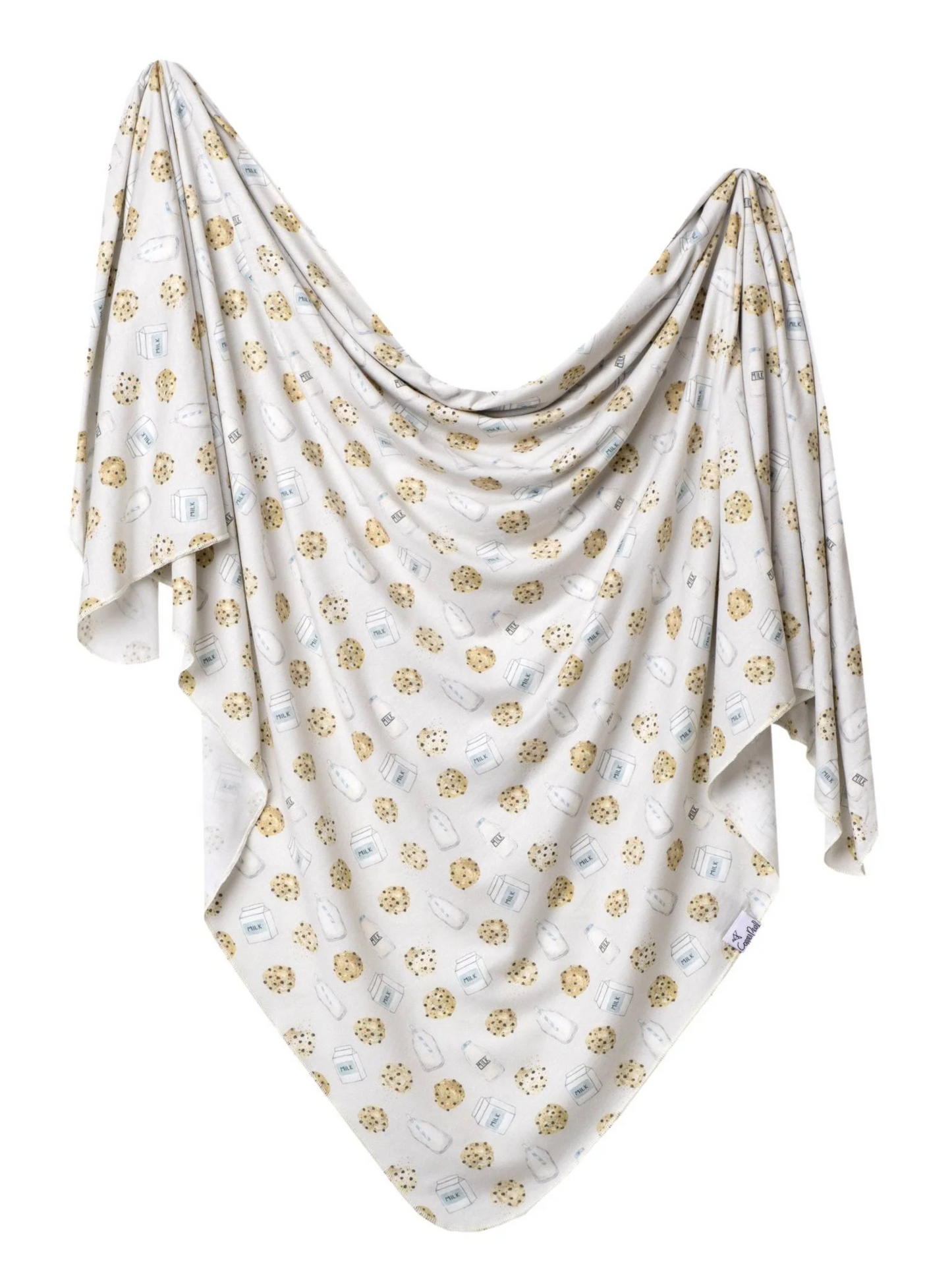 Copper Pearl knit swaddle blanket in cream with chocolate chip cookie and milk pattern
