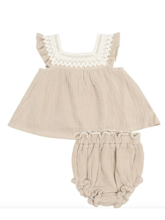 SOLID MUSLIN OXFORD TAN PINAFORE & HIGH WAISTED DIAPER COVER