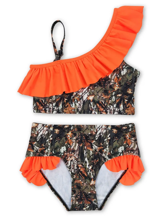 CAMO RUFFLE 2-PIECE SWIMSUIT