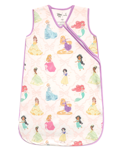 Pink sleeveless baby sleep bag with Disney Princess print and purple trim