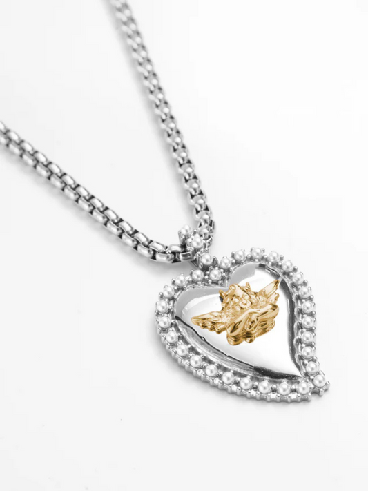 BOYS LIE PEARL HEART SILVER LOGO NECKLACE