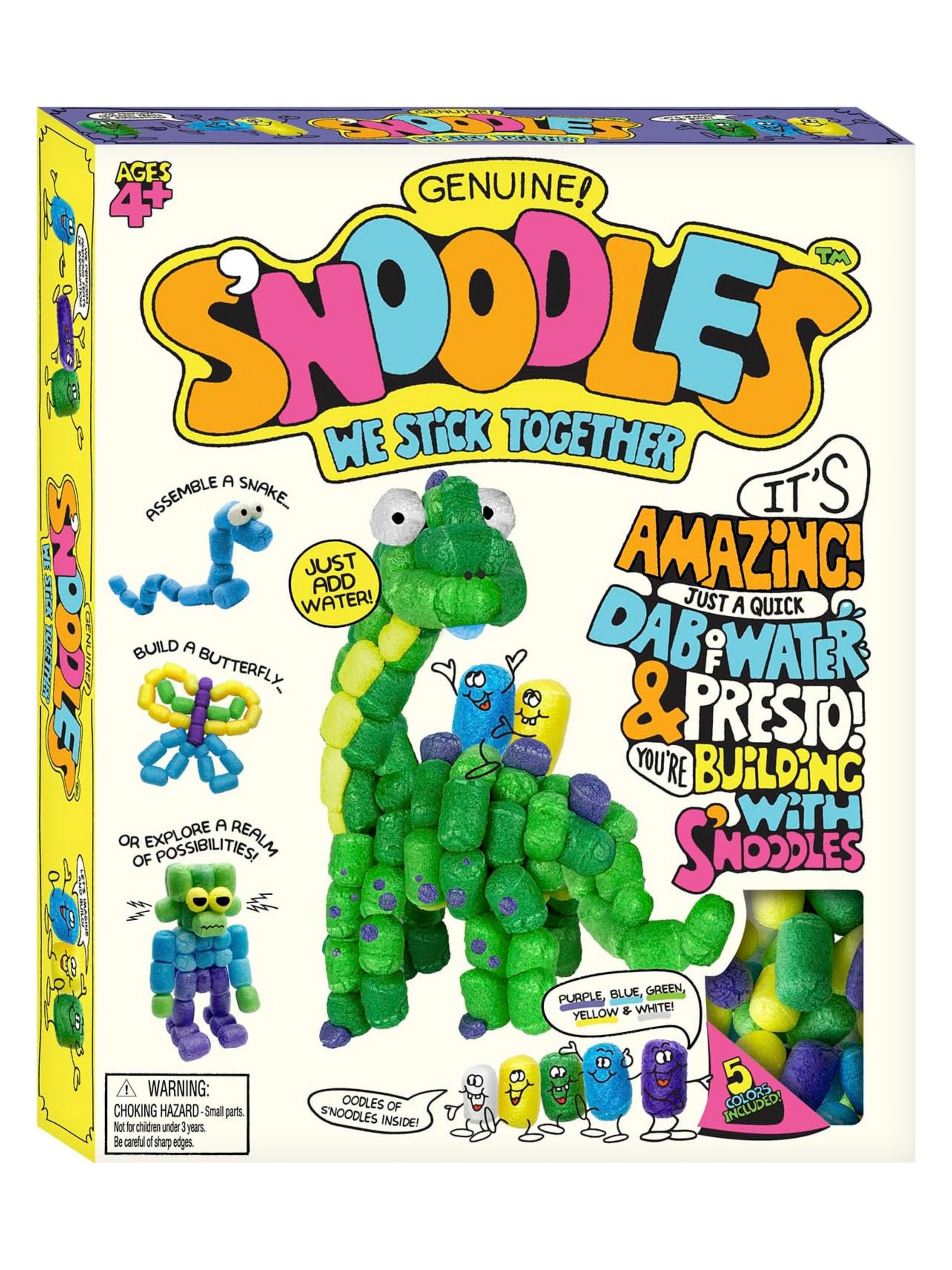 Colorful craft kit box featuring foam building pieces shaped into a green dinosaur