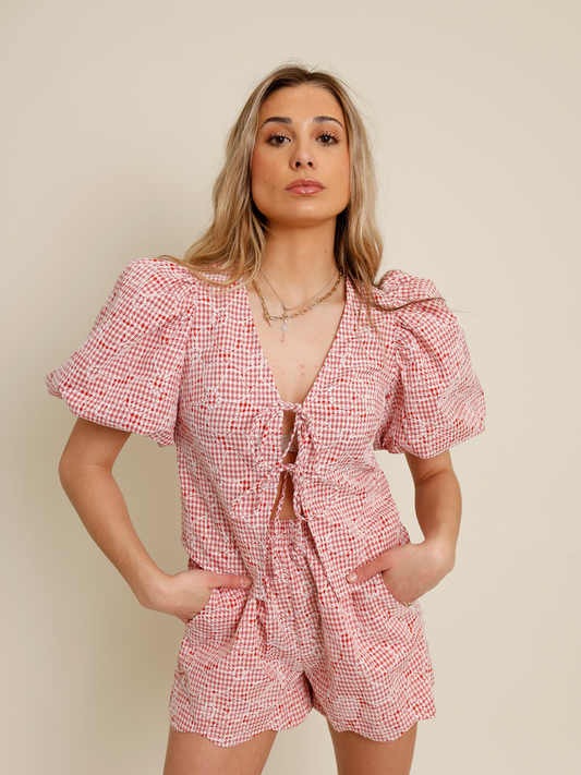 Red and white gingham tie-front top