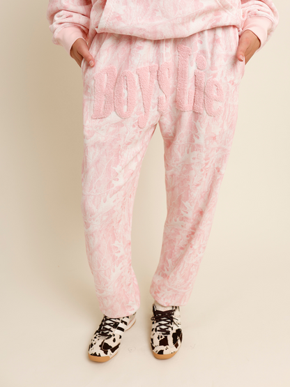 Pink camo "boys lie" waffle sweatpants 