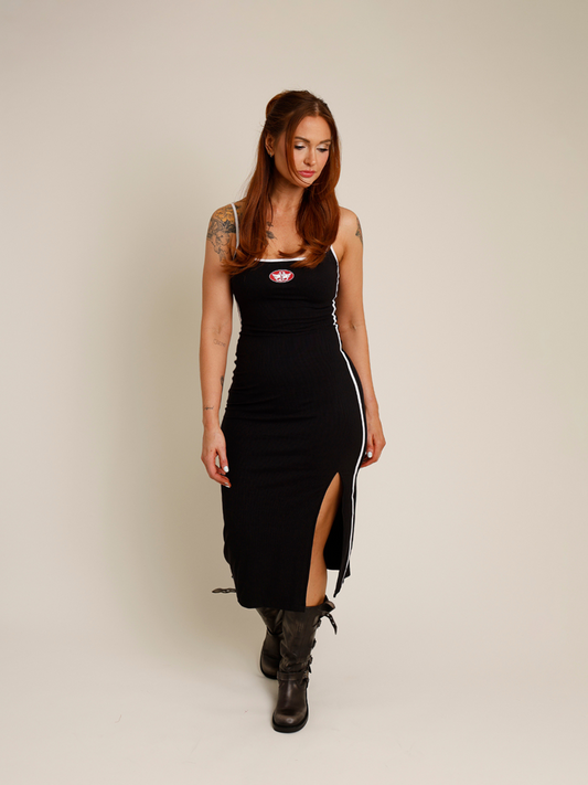 black fitted ribbed boys lie rubber logo midi dress with adjustable spaghetti straps