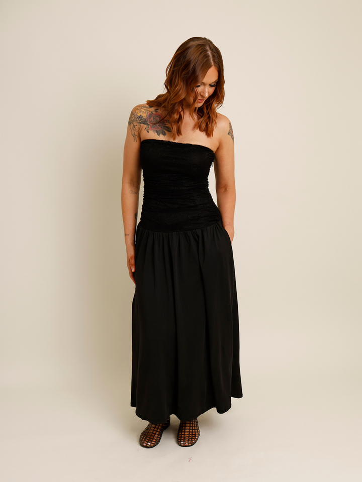 black strapless lace midi dress 