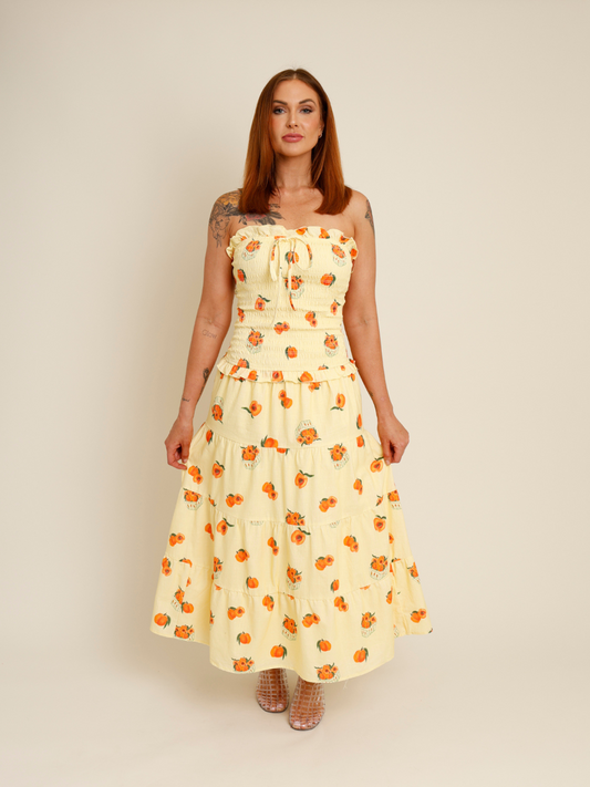 Butter yellow peaches print midi dress