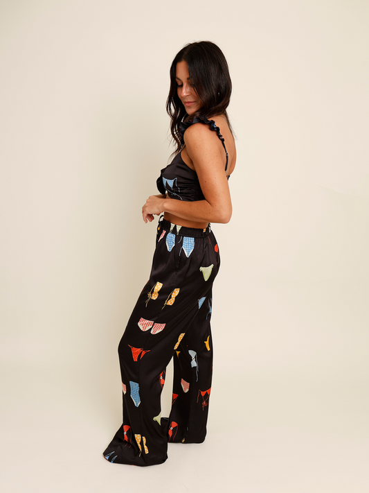 black satin summer pant set with bikini print