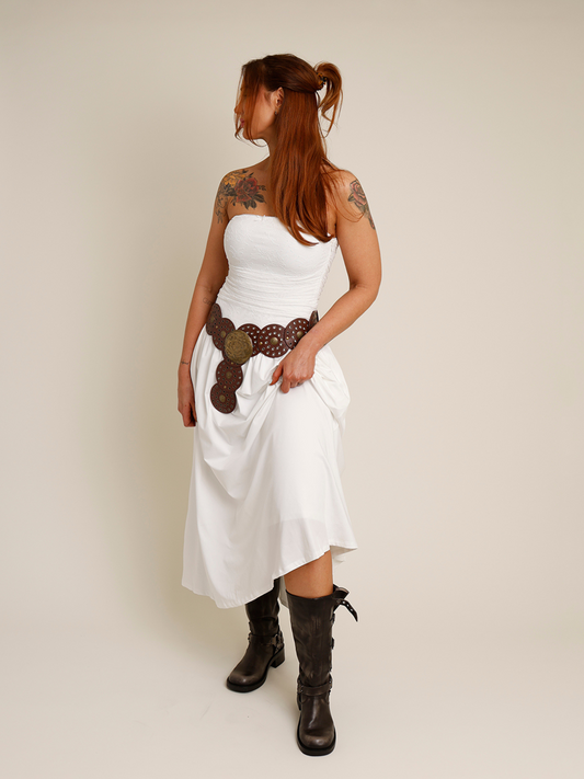 NIA SANTAL STRAPLESS DROP WAIST WHITE DRESS