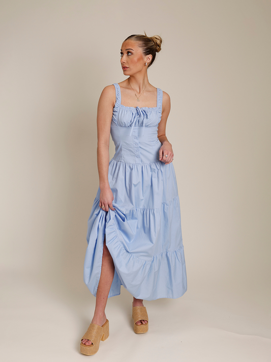 BIRDS CHIRPING MILKMAID TIERED MIDI DRESS
