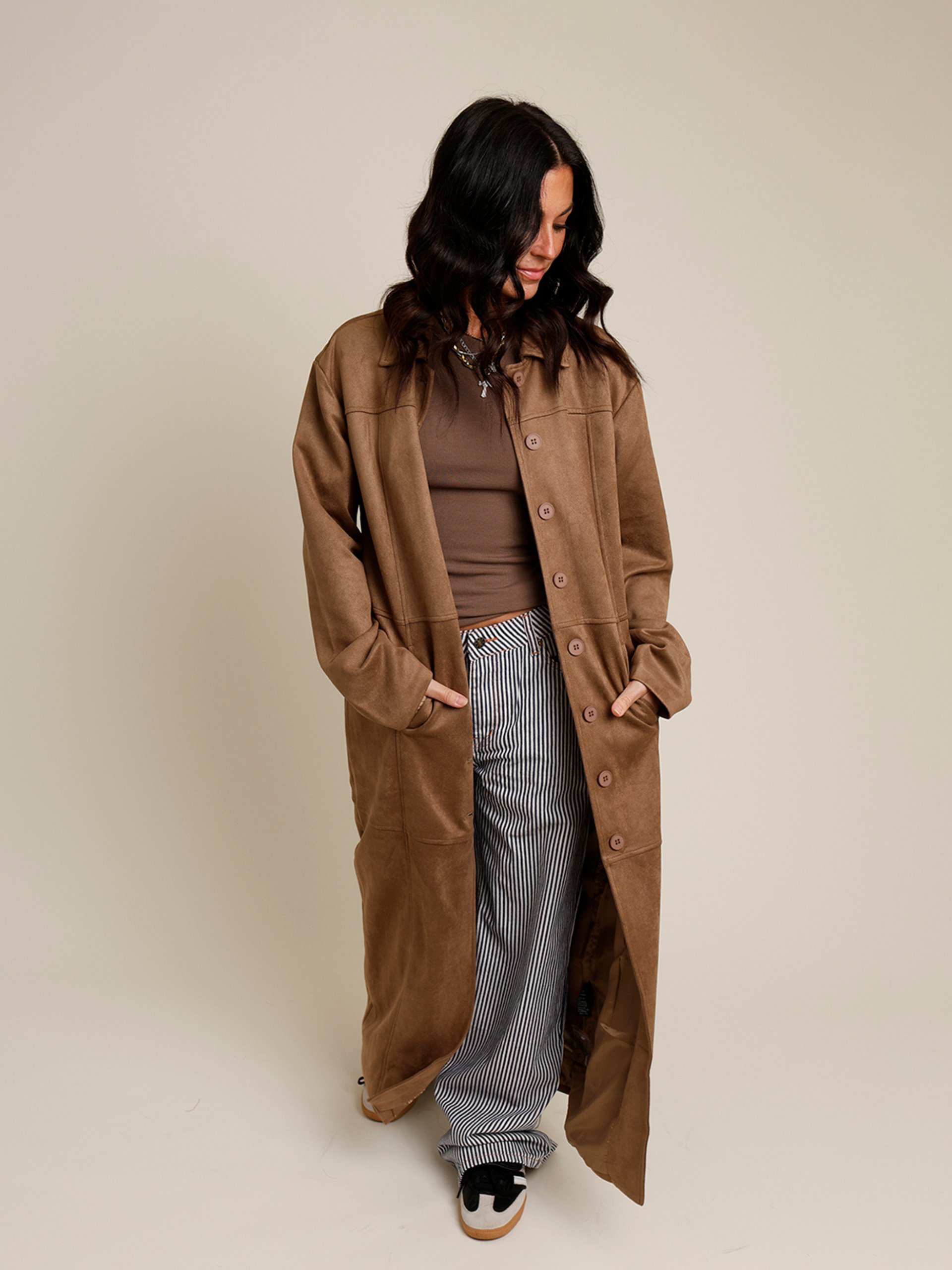 THE HIP EAGLE BOUTIQUE | LIONESS OASIS FAUX SUEDE FULL LENGTH COAT