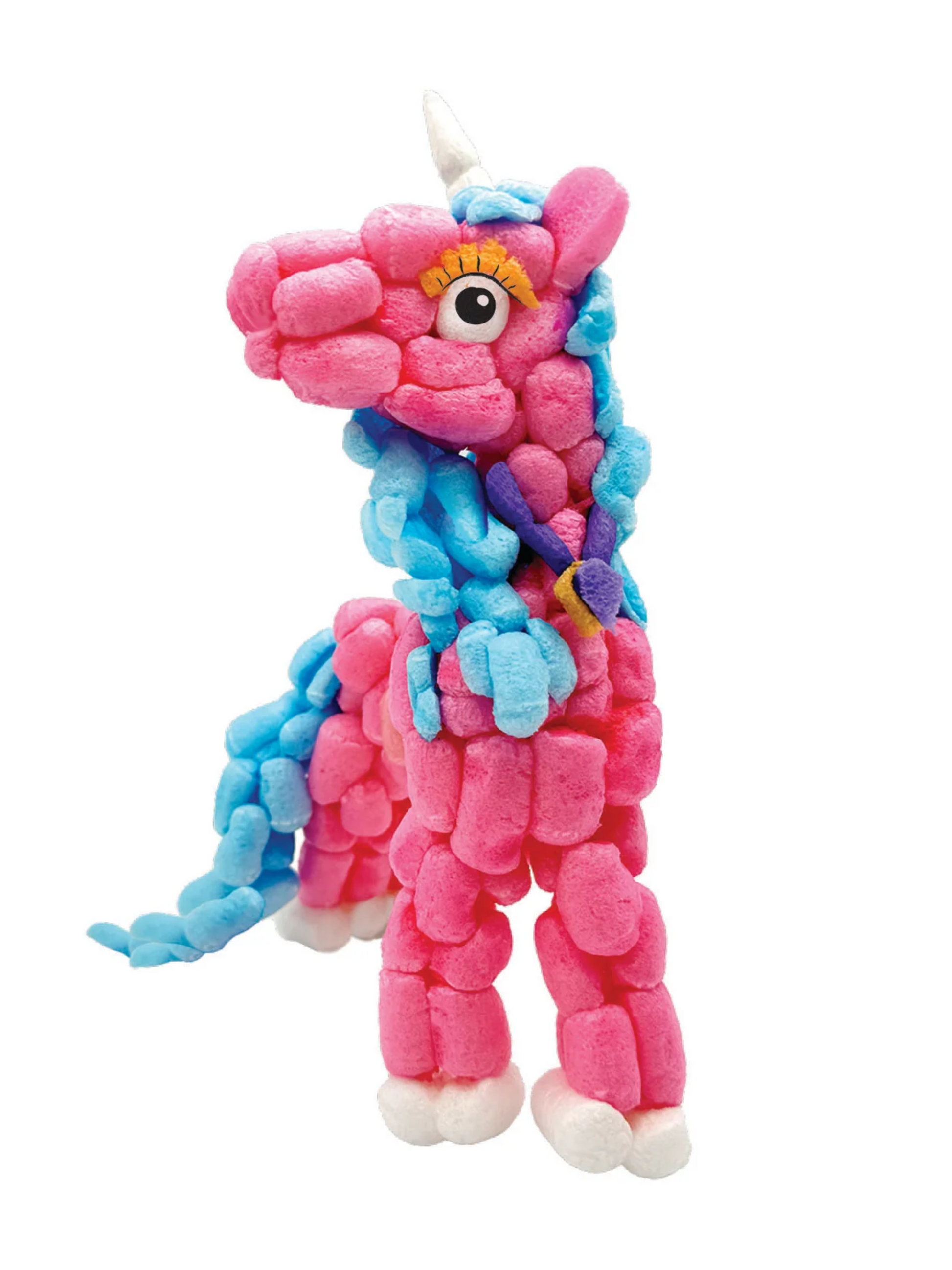 Pink and blue foam noodle unicorn craft figure with white horn and hooves