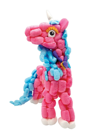 Pink and blue foam noodle unicorn craft figure with white horn and hooves