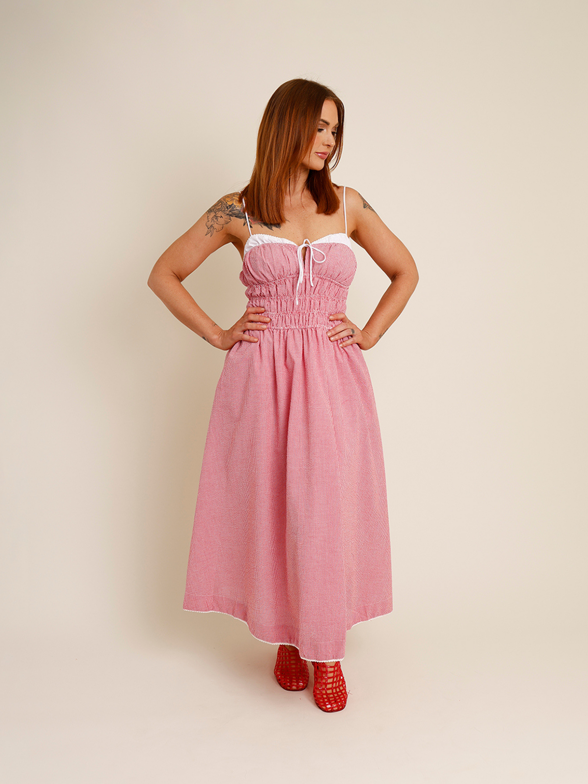 red and white gingham midi dress