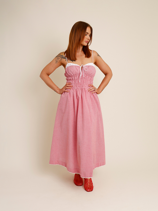 red and white gingham midi dress
