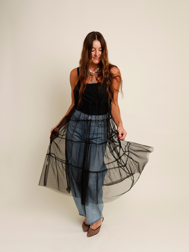 ISABELLE BLACK SHEER OVERLAY MIDI DRESS