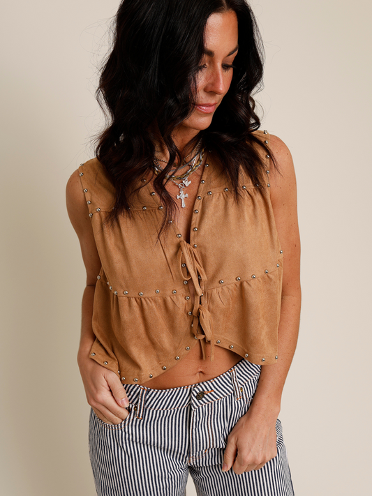 JOLENE TIE-FRONT STUDDED SUEDE VEST TOP