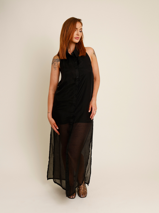 long collared black button up dress 