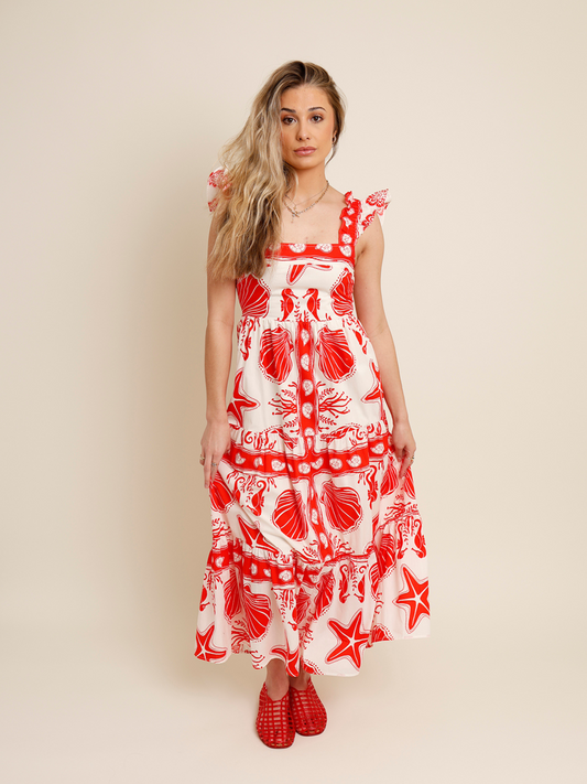 red and white mid beach print dress