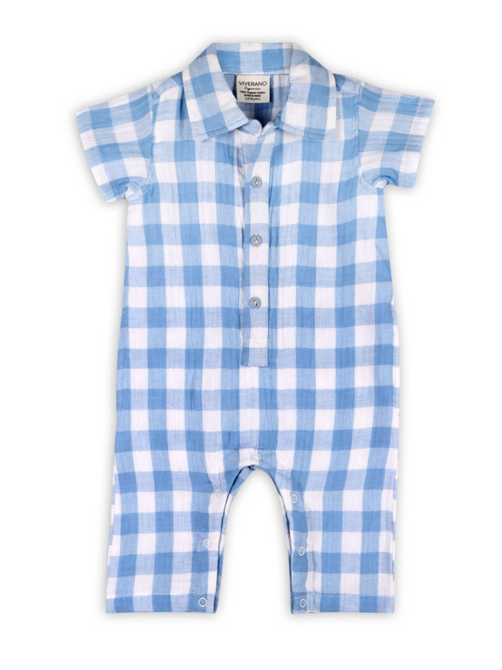 BOYS AUGUST BLUE GINGHAM CARGO ROMPER