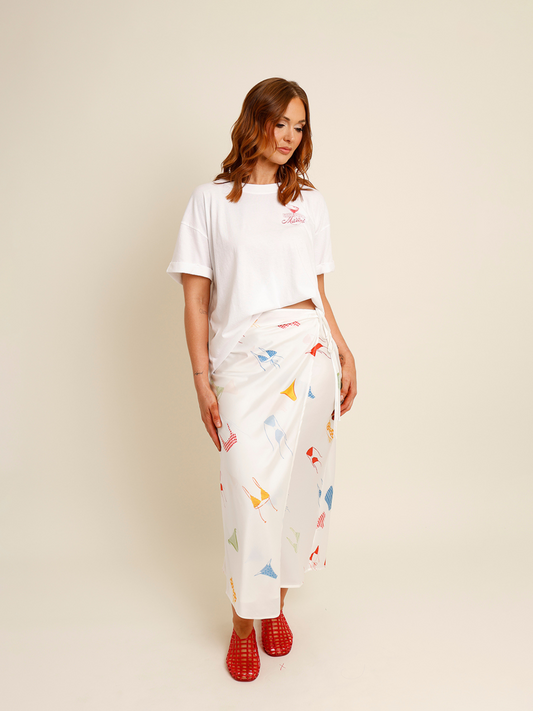 white bikini print midi wrap skirt 