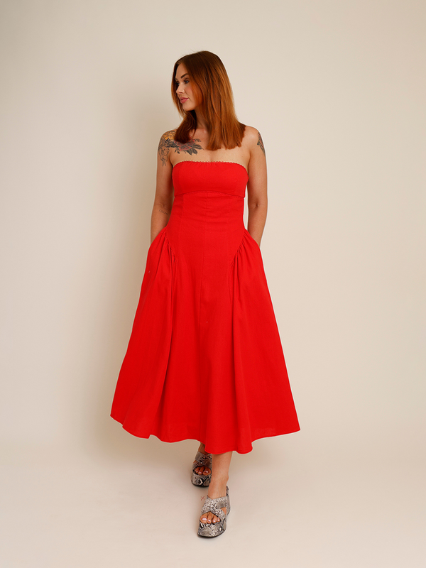 strapless red drop waste midi dress