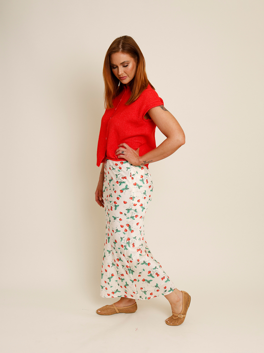 cream strawberry print midi skirt 